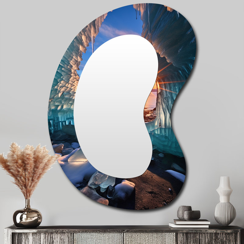 Gaolee coucher de soleil à travers le glacier turquoise - décor de miroir mural asymétrique bleu unique, grand miroir de forme unique coucher de soleil, impression d'art en métal