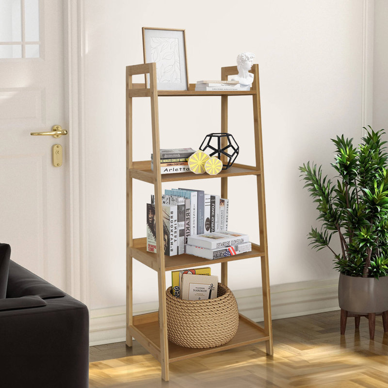 Wood Bookcase Ladder Bookshelf Shelving Unit, Natural, (4 Shelves) 40.4"H x 17"W x 13.5"D