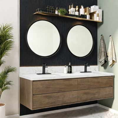 Stylish Vanities With Oak Wood Cabinet And Sink, Modern Floating Design