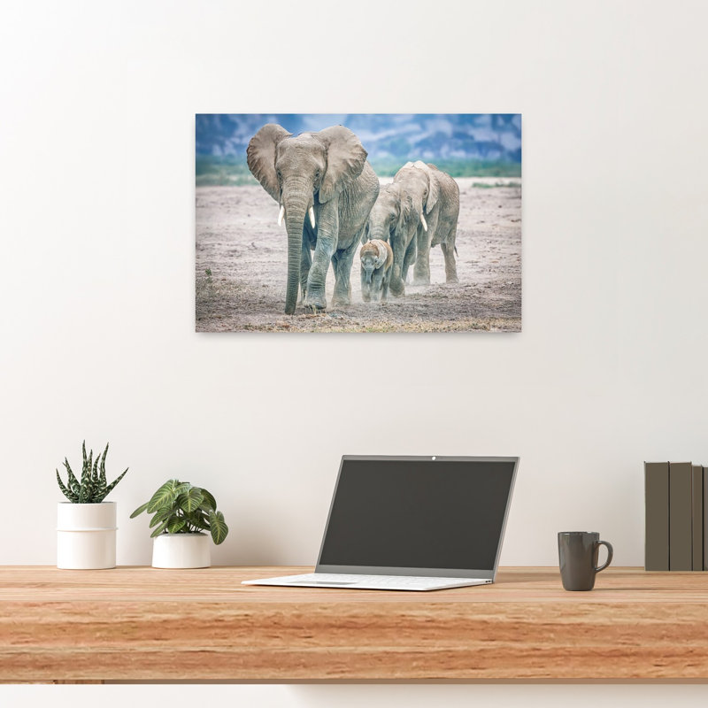 Elephant Family Walk Contemporary Elephant Landscape Nature Wall Art Print by Jeffrey C. Sink - 1 Piece Wrapped Canvas Wall Art