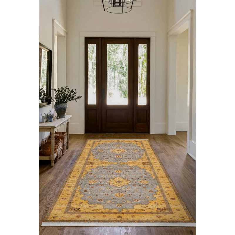 Girvin Yellow Oriental Machine Printed Cotton Polyester Area Rug, Round 5'3"