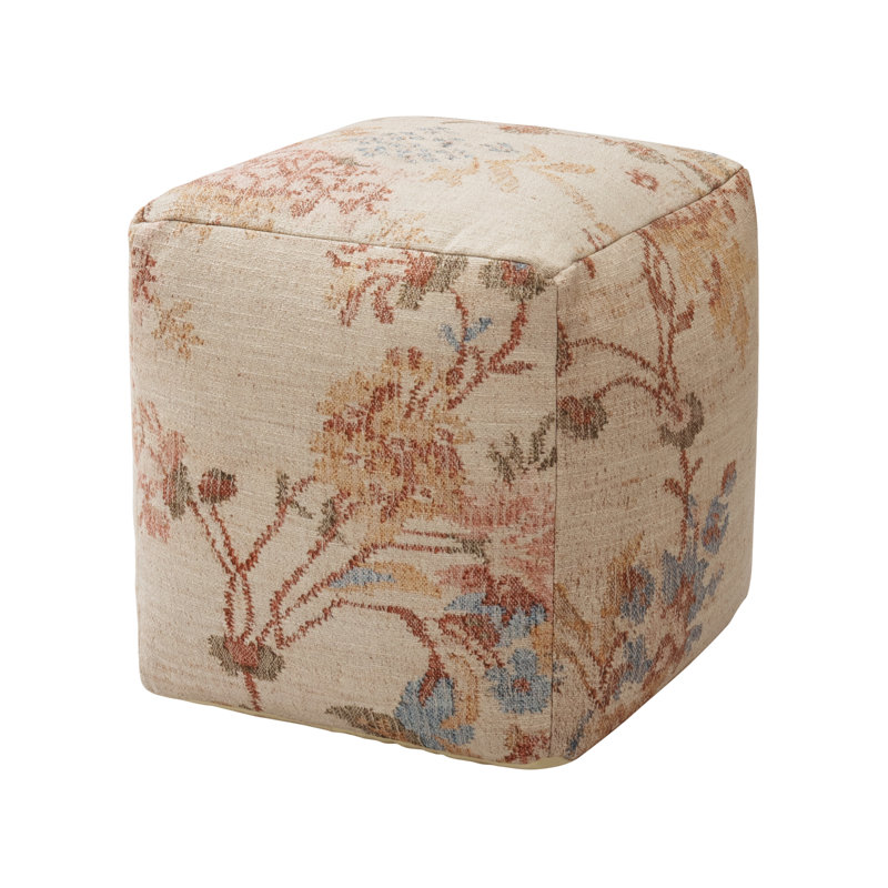 Yinka 17.5"W Cotton Upholstered Pouf Ottoman, Beige Botanical