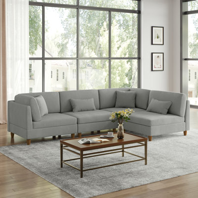 Seemab 4 - Piece Upholstered Light Gray Corduroy Modular Sectional with Pillow Back and Solid Wood Legs