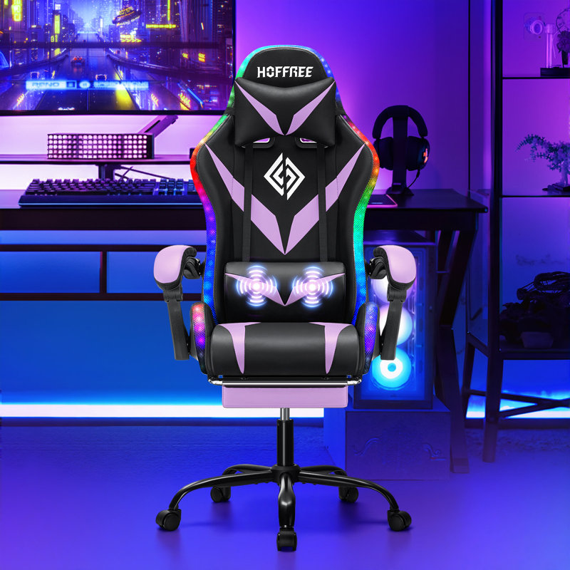 HOFFREE Gaming Chair With LED RGB Lights Massage Video Gamer Chairs With Footrest Ergonomic High Back Reclining Computer Chair With Adjustable Lumbar Support