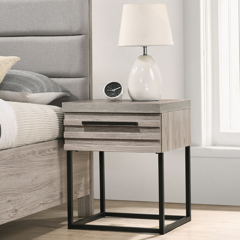 Table de chevet contemporaine en bois avec base en métal, taille unique, table de chevet SEULEMENT, gris vieilli