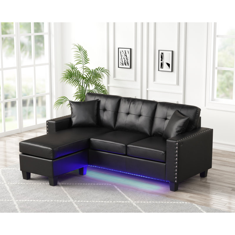Sorenza 74"W PVC Reversible Sectional Sofa Chaise With LED Light, USB Port, Nailhead Trim, Throw Pillows, Tufted Cushion