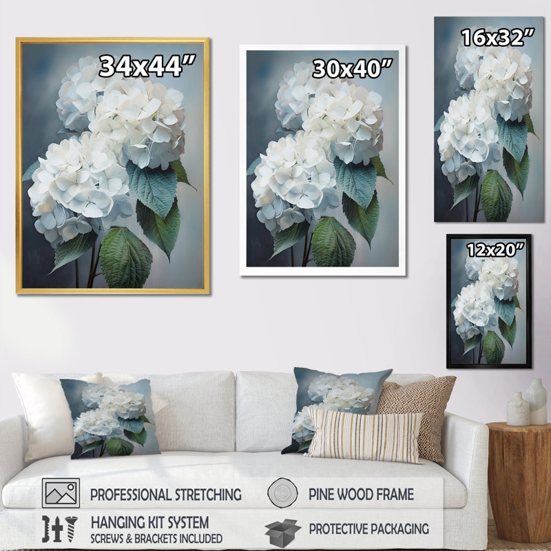 Blanc hortensia, chuchotement - art mural hortensia, H 20 po x l 12 po x P 1 po, Cadre doré simple
