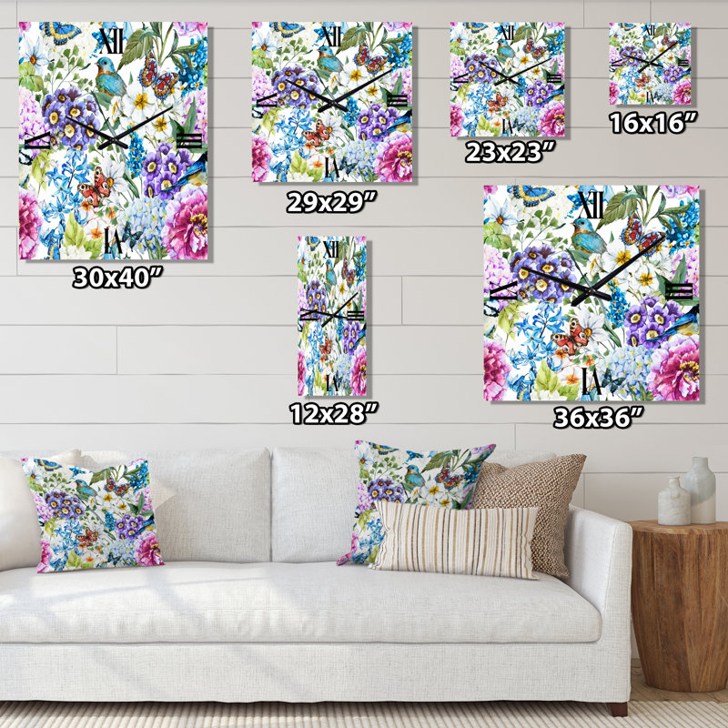 Horloge murale Vibrant Wild Spring Leaves and Wildflowers, Grand