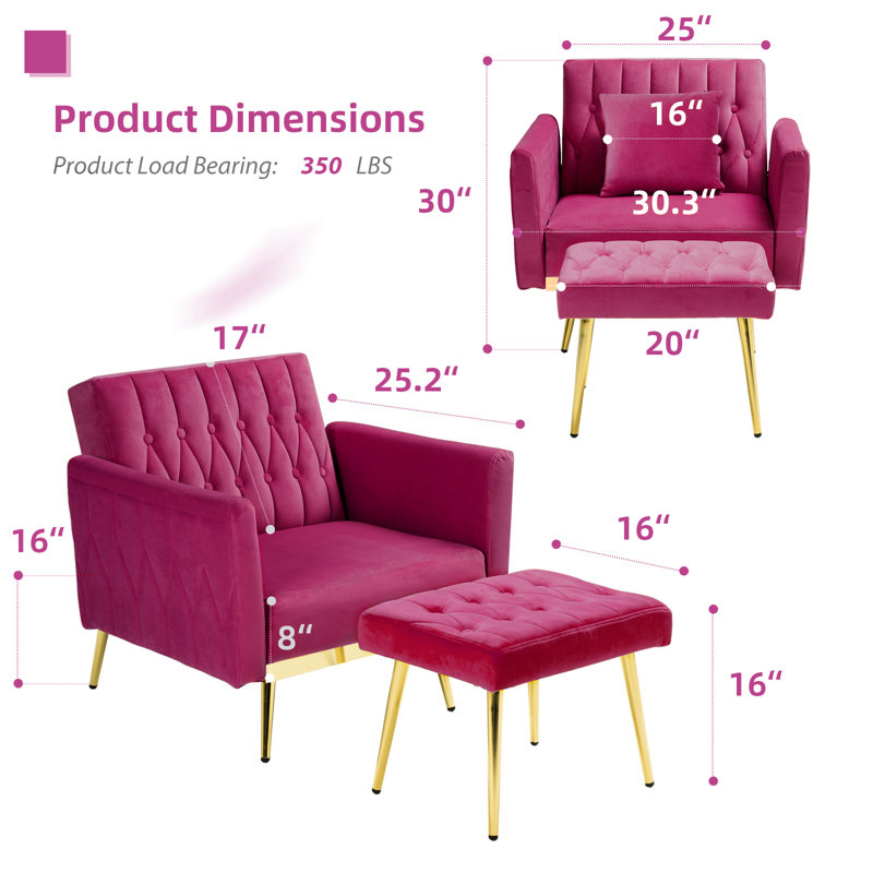 Siemon Velvet Accent Chair with Ottoman, Fuchsia Velvet