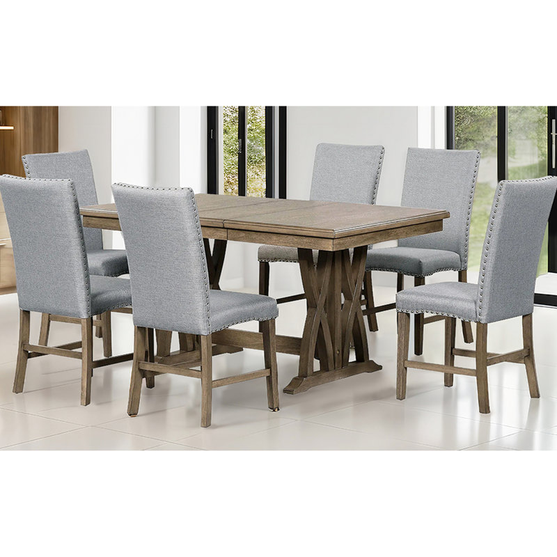 Table de salle à manger de style Mid-Century moderne pour 6 personnes, avec pieds croisés et feuille de 12 po, chaises rembourrées en mousse et rembourrage en mousse sur le dossier du siège