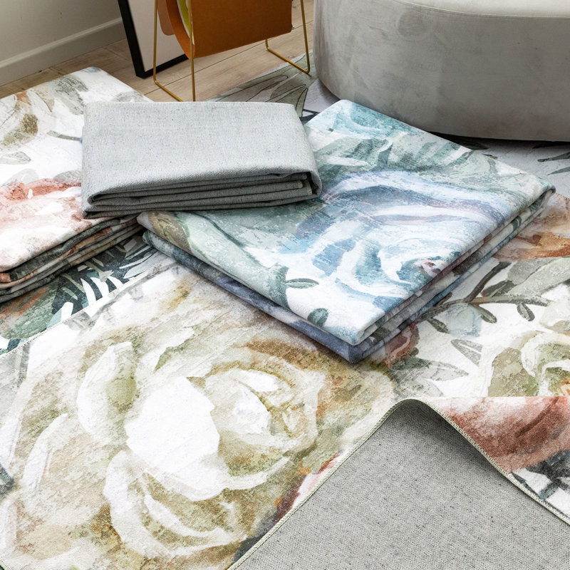 Blue Floral Synthetic Machine-Woven Washable Area Rug