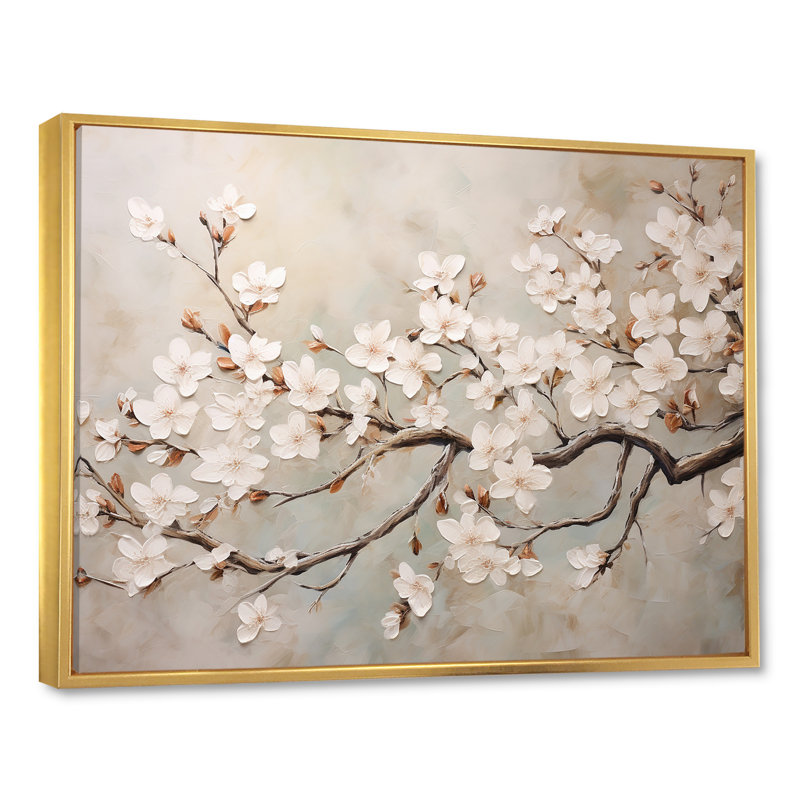 Minimalisme blanc et gris Cherry Blossom III - art mural Cherry Blossom, H 30 po x l 40 po x P 1,5 po, Cadre flottant doré