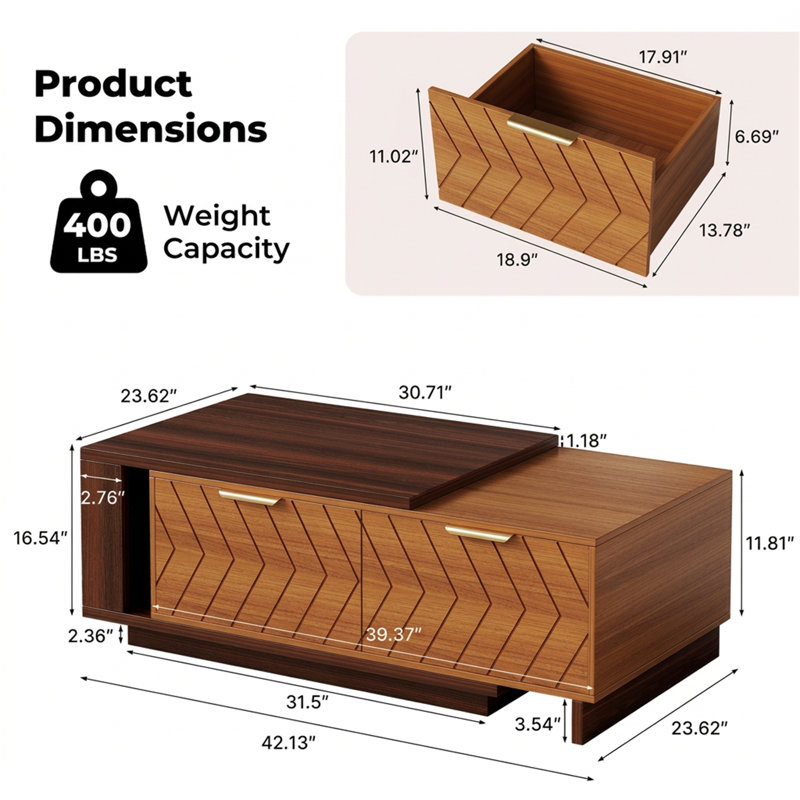 Expandable Storage Coffee Table, Drop-Leaf Design with Drawers & Open Shelf, Walnut