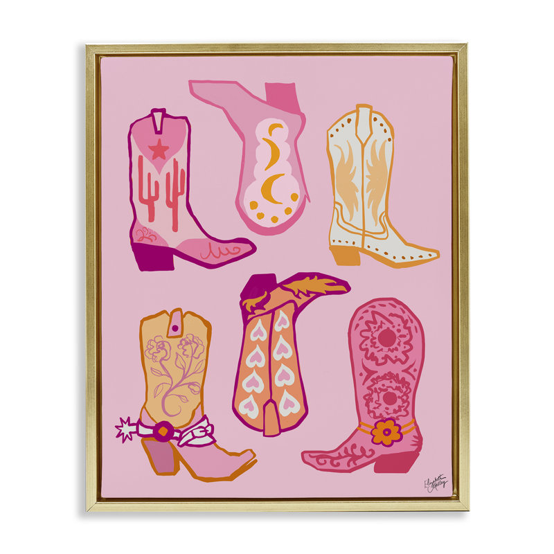 «Cowgirl Boot Designs», art mural encadré par Elizabeth Medley, Cadre flottant métallique doré, H 21 po x l 17 po