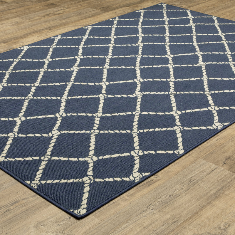 Aganlane Nautical Rope Lattice Navy/ Ivory Indoor/Outdoor Area Rug, Rectangle 6'7" x 9'7"