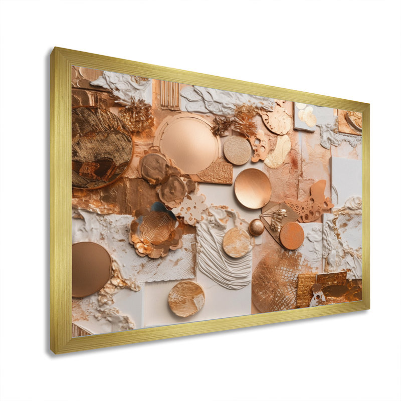 Sérénité géométrique dorée et blanche sur toile, Encadrement doré, H 24 po x l 32 po x P 1 po