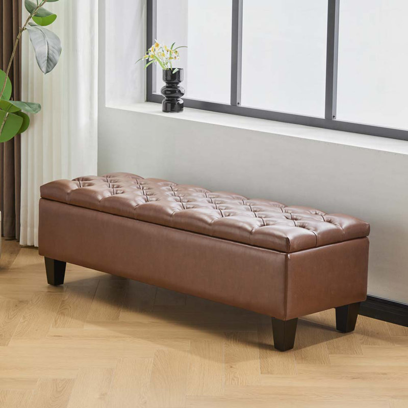 Banc repose-pieds avec rangement et pieds en bois d'hévéa, Brun