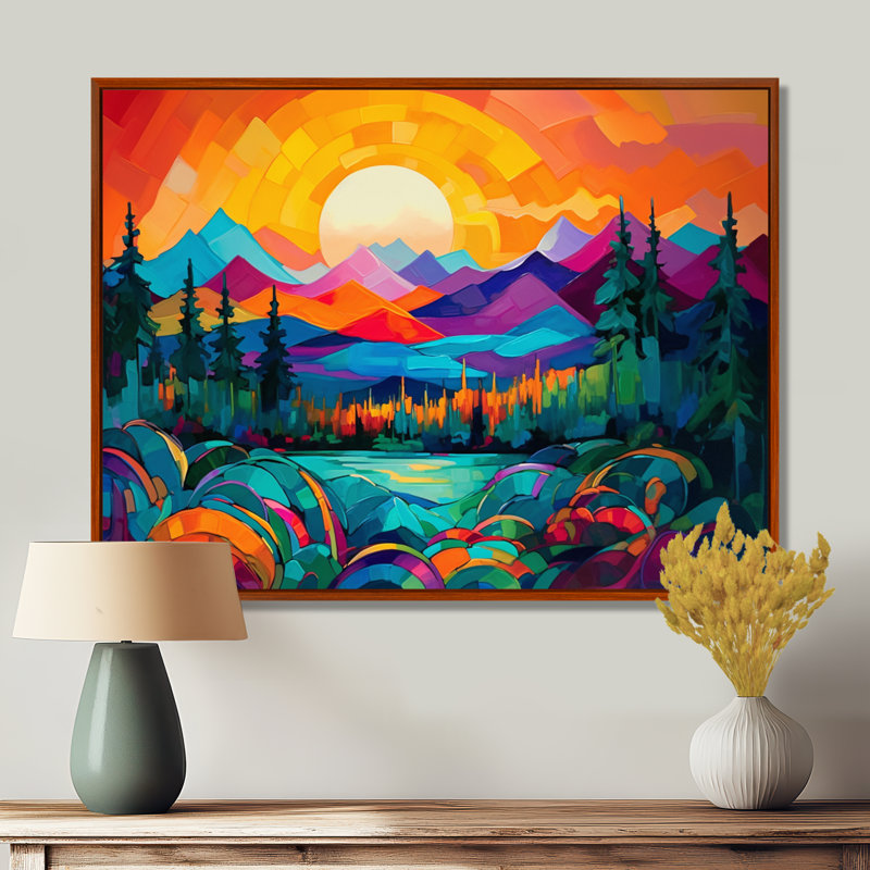 «Vibrant Sunset Shining Over Mountains II», art sur toile, H 12 po x l 20 po x P 1 po, Cadre flottant brun