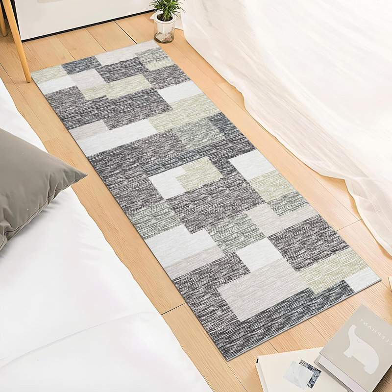 2x6 Modern Runner Rug, Geometric Patchwork, Non-Slip, Washable, Low Pile, Hallway, Foldable, Contemporary Carpet, Laundry, Gray, Camel.