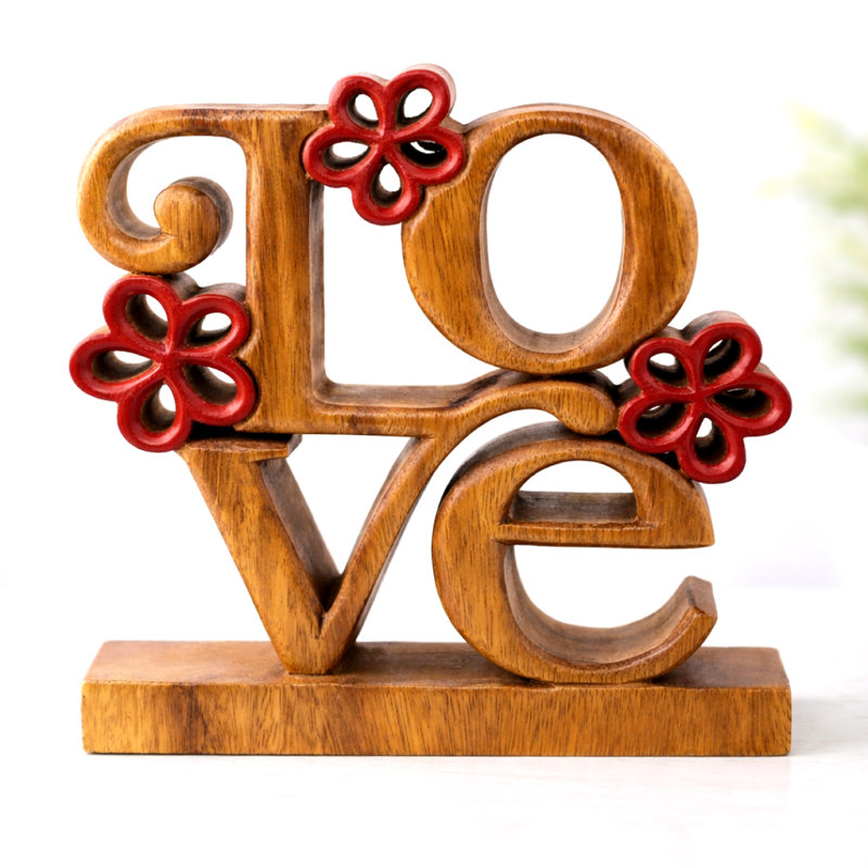 Eathyn Handmade LOVE Word Sculpture with Flowers Valentines Day Wooden Art Piece for Modern Home Decor, Valentines Gift