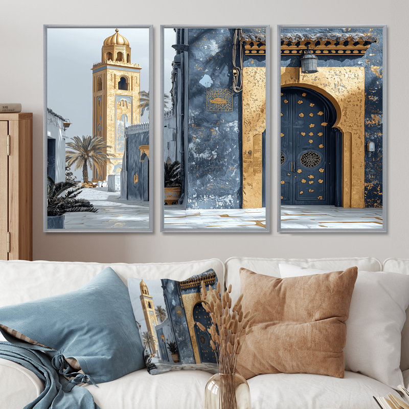 Ensemble de salon art mural or marocain Casablanca I, Toile argentée avec cadre flottant, H 40 po x l 60 po x P 1 po