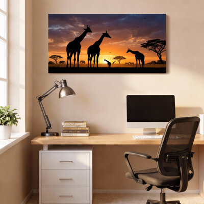 Giraffe Silhouette Sunset African Savanna Canvas Wrapped Wall Art Oil Painting Print Set Of 1