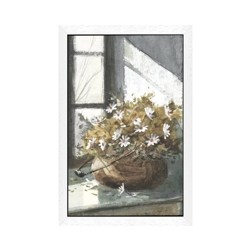 Daisies In The Window by George Bjorkland - Painting on Canvas, 66.04 cm H x 45.72 cm W, White Floater Framed