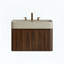 Meuble-lavabo suspendu avec lavabo intégré en surface solide beige crème et meuble en bois imitation noyer-405133391