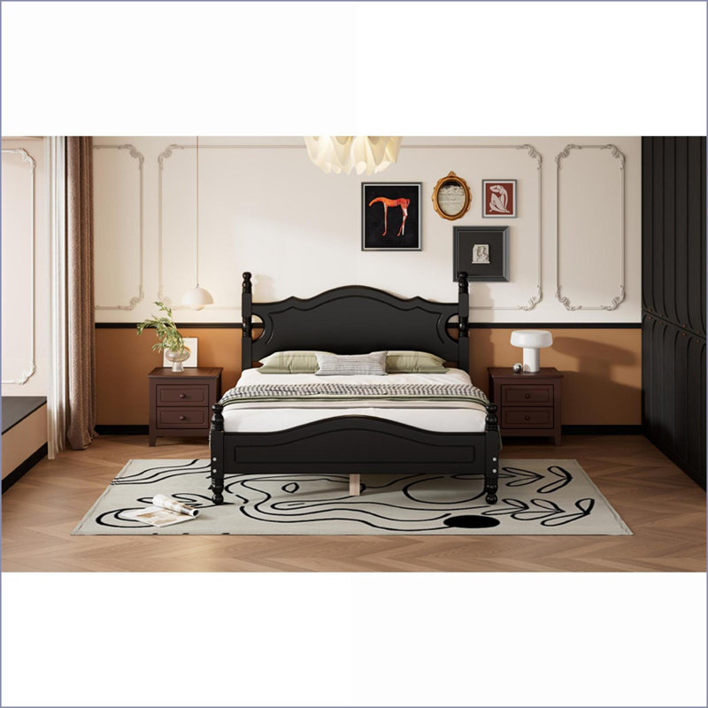 Structure de lit double pleine grandeur avec tête de lit rétro, aucun sommier nécessaire, capacité de 400 lb, noir pour la chambre à coucher