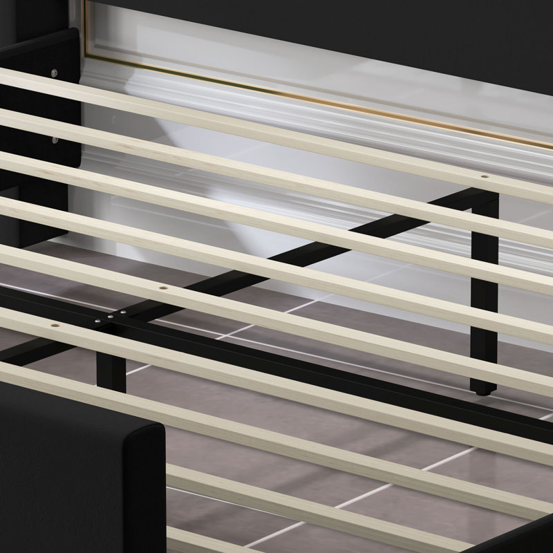 66.9' W Black Upholstered Panel Bed with Vertical Headboard, Modern Platform Bed Frame with Wood Slats and Footboard, Queen