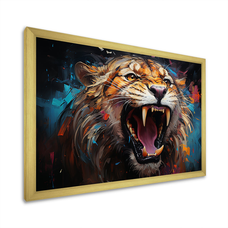 «Lions Roaring Emotion» sur toile, Cadre doré simple, H 24 po x l 32 po x P 1 po