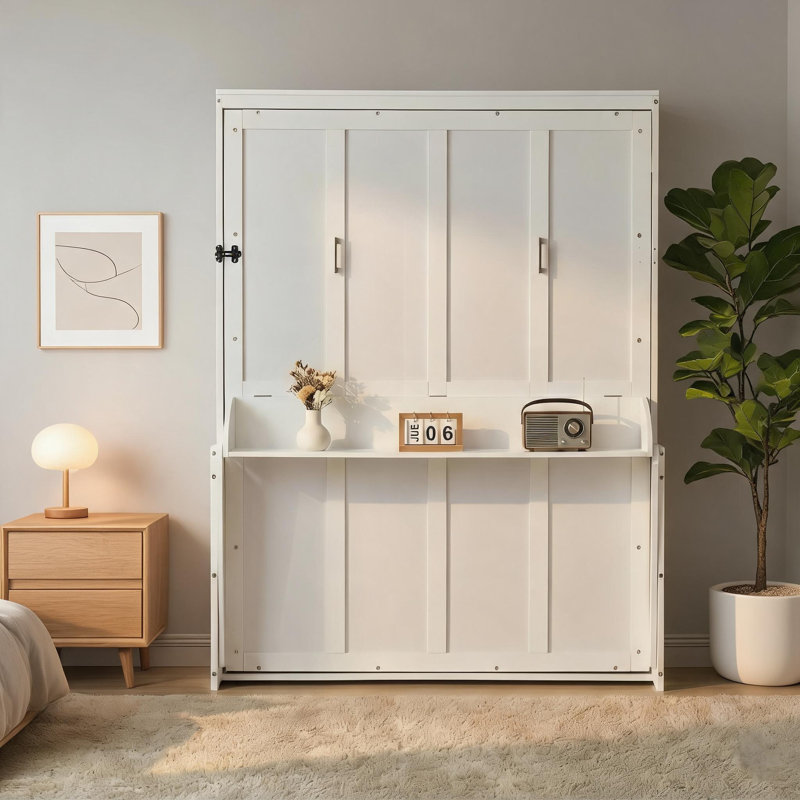 Small Space Home Office Queen Size Vertical Murphy Wall Bed Solid Pine Construction Classic White With Integrated Desk