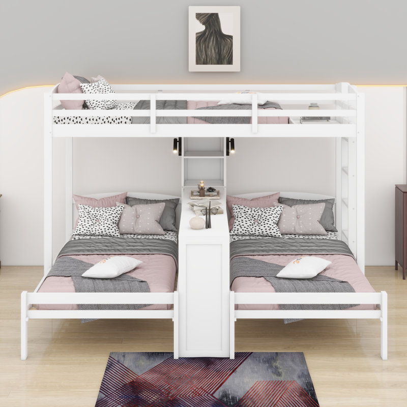 Lit superposé en bois avec bureau et tablettes de rangement, lit superposé triple 3 en 1 avec lampe de lecture à DEL, Blanc