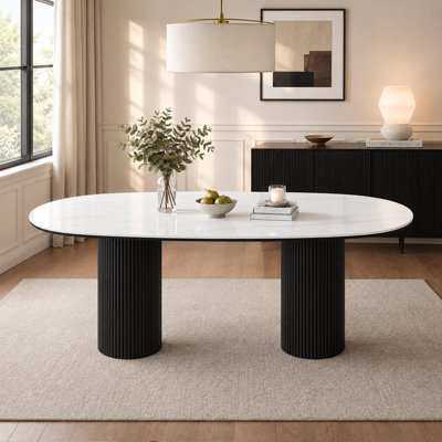  71" Oval Sintered Stone Dining Table with Black Fluted Solid Wood Pedestals,  Modern Farmhouse Kitchen Table for 6 Persons, White Faux Marble Look Tabletop