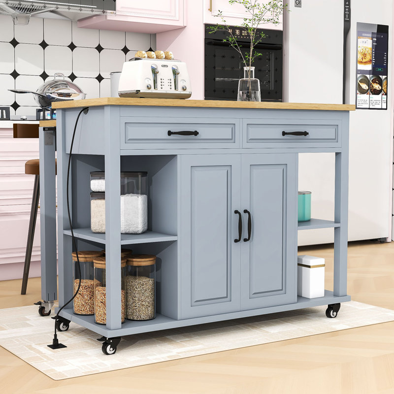 Îlot de cuisine extensible avec 2 tiroirs, armoire de rangement et prise de courant intégrée, Bleu gris