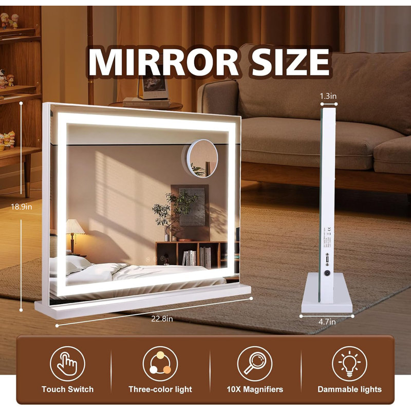 Grand miroir de maquillage de style hollywoodien avec éclairage, 3 modes d'éclairage de couleur, commande tactile, grossissement de 10x