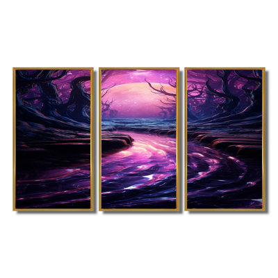 Purple Forest River Enchanted Forest Sunset - River Wall Art Print Set