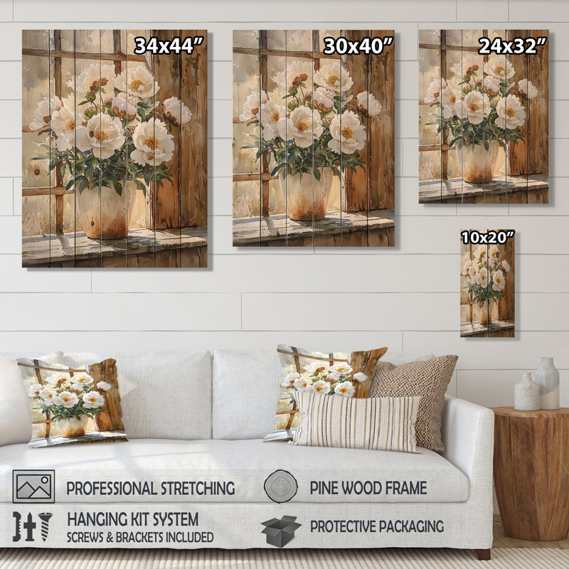 Peonies And The Farmhouse Door - Peonies Wood Wall Decor - On Natural Pine Wood, 20" H x 10" W x 0.78" D