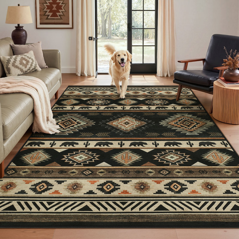 Tapis de style Southwestern Bear Cactus, tapis tribal rustique à faible épaisseur lavable à la machine OEKO-TEX, Noir