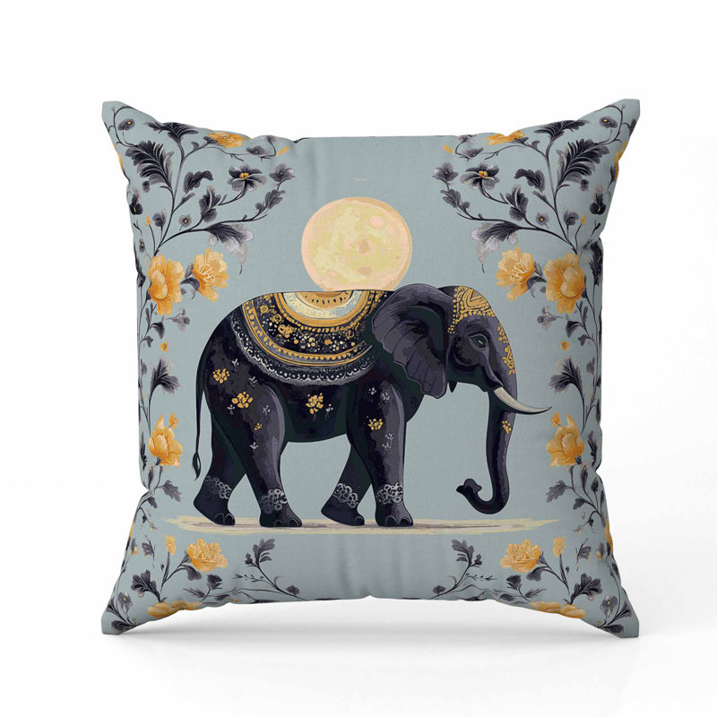 Oreiller en faux suède Moonbeam Elephant, Bleu / Vert / Jaune, Carré 16 po