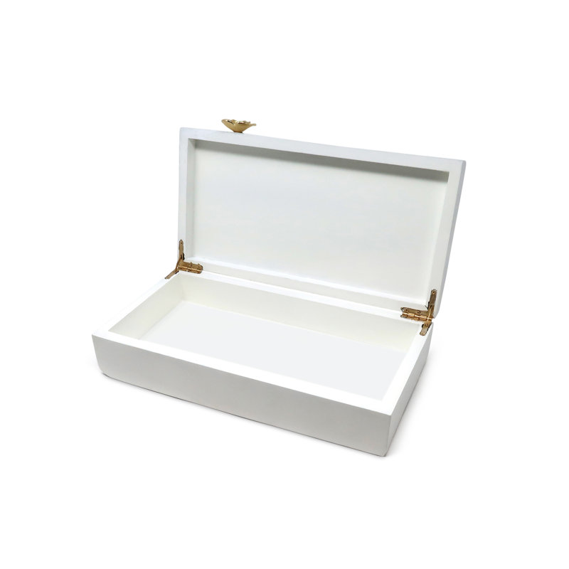 Mercer41 Rectangular White Wood Decorative Box with Gold Flower Detail, 3" H x 12" W x 6" D