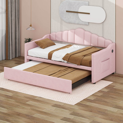Lit de jour rembourré simple avec couchette escamotable réglable en hauteur et port de charge USB et Type-C, 2 poches latérales