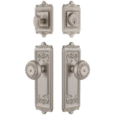 Grandeur Windsor Long Plate Entry Set with Parthenon Knob in Satin Nickel
