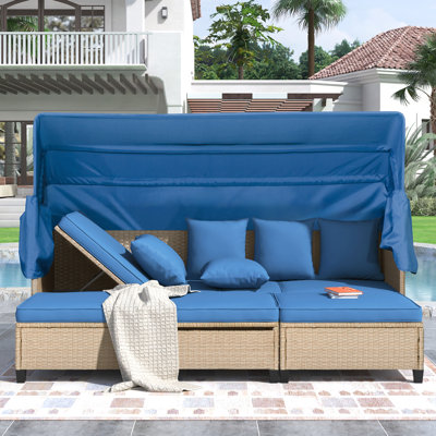 4 sièges d'extérieur, auvent bleu, motif tissé naturel et sièges confortables, table réglable verticalement