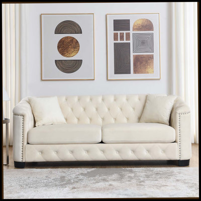 Canapé Chesterfield de 77 pouces en velours moderne, canapé 3 places, dossier capitonné capitonné avec accoudoirs cloutés et 2 coussins pour le salon, la chambre à coucher, un appartement et un bureau (beige)