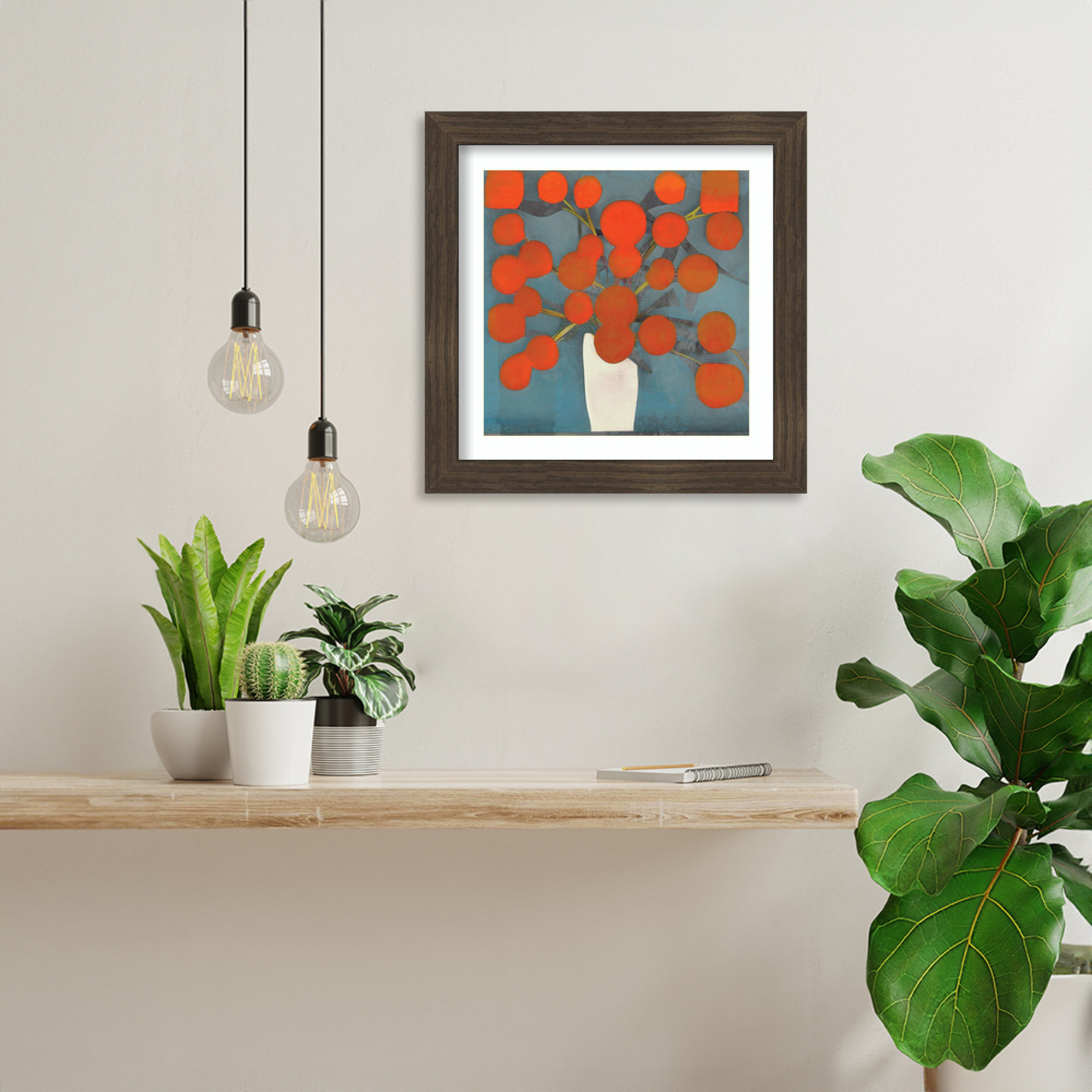 Abstract Orange Flowers by Elena Ray Wood Framed Wall Art Print, Dark Brown, 14" H x 14" W