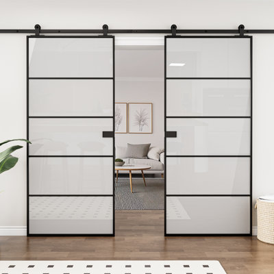 No Assembly Required 80"H Double Barn Door, 5-Lite Aluminum Frame Frosted Glass with Installation Hardware Kit