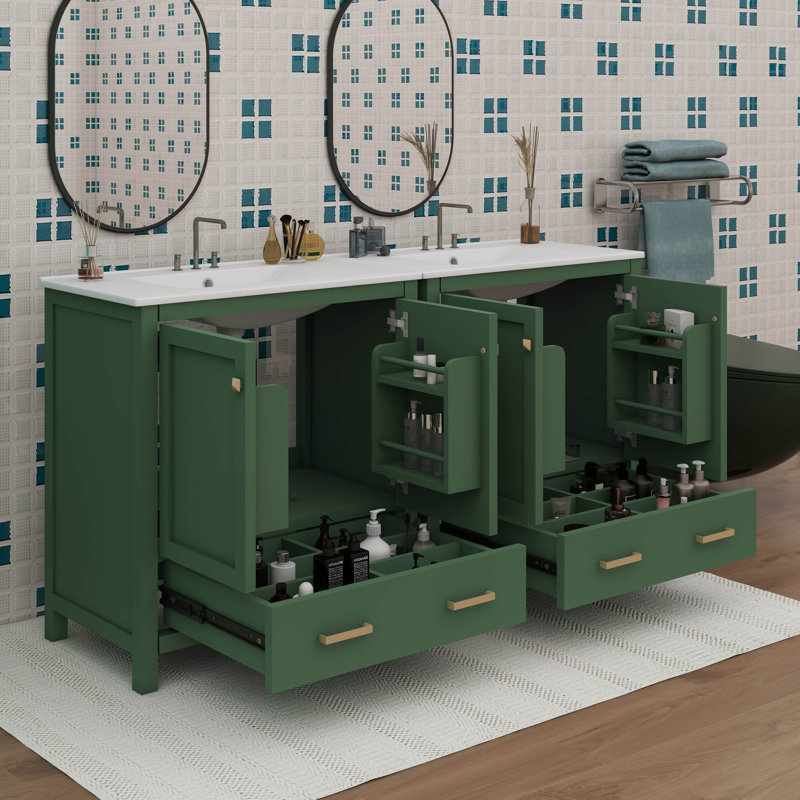 Ensemble de meuble-lavabo de salle de bain 60 po, Vert, Doré