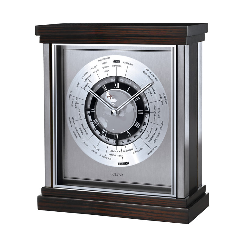 Mahogany Stained Wood Veneer World Time Tabletop Clock