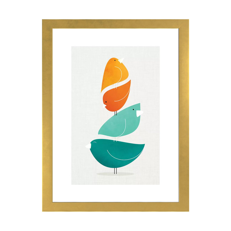 «Bird Stack II» par Modern Tropical - impression d'art graphique, H 24 po x l 16 po x P 1 po, Papier encadré doré